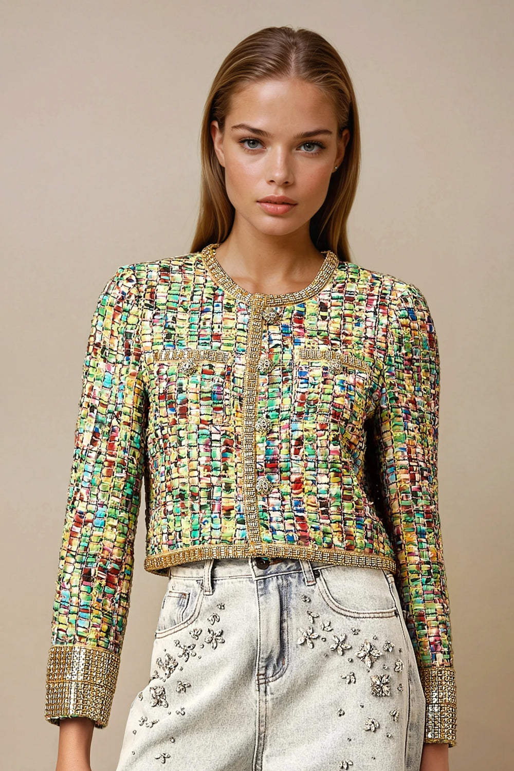 Cropped Jacket with Beaded Trim and Woven Texture - Gold