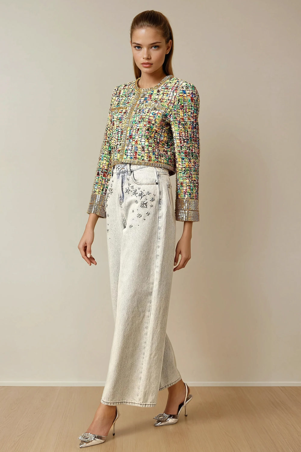 Cropped Jacket with Beaded Trim and Woven Texture - Gold