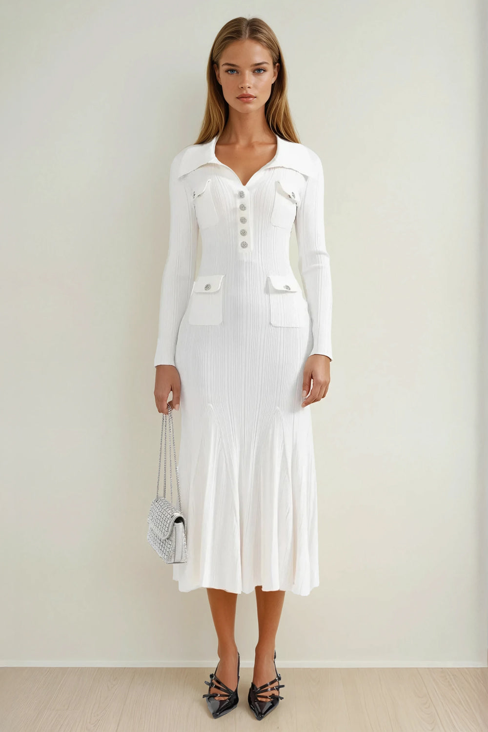 Ribbed Midi Dress with Flared Hem and Decorative Pockets - White