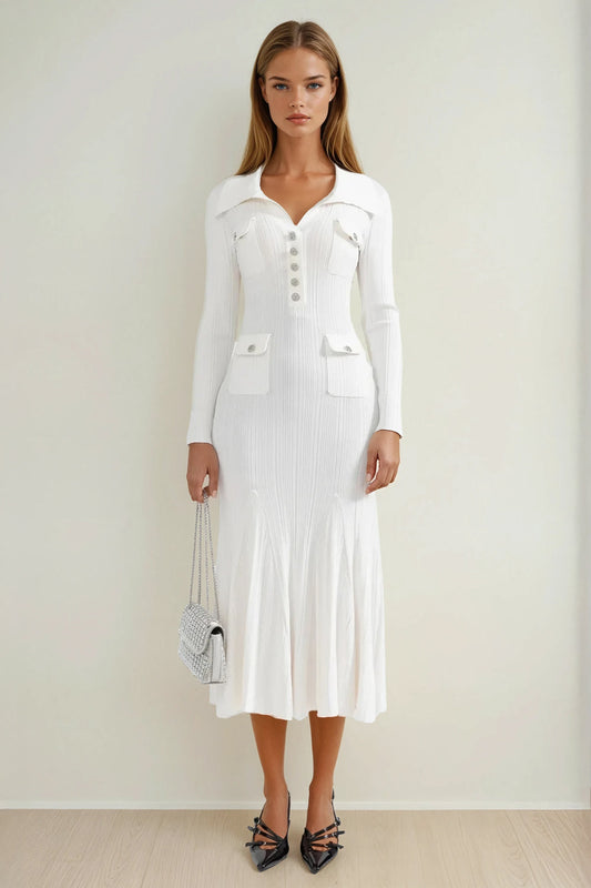 Ribbed Midi Dress with Flared Hem and Decorative Pockets - White