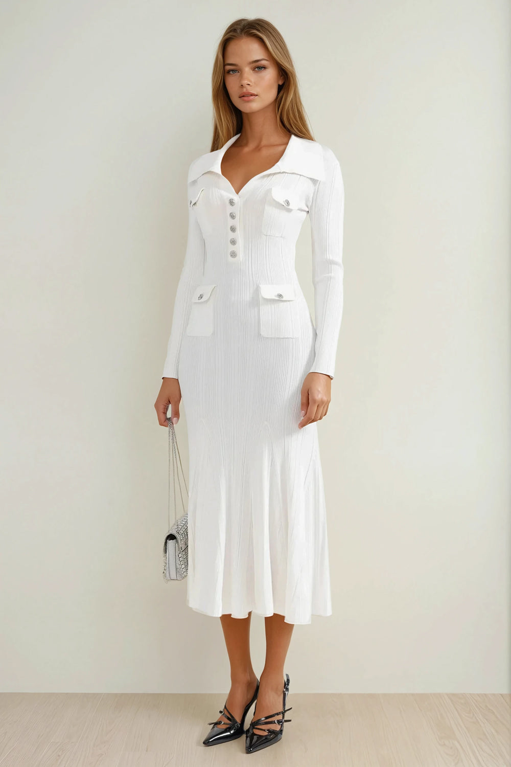 Ribbed Midi Dress with Flared Hem and Decorative Pockets - White