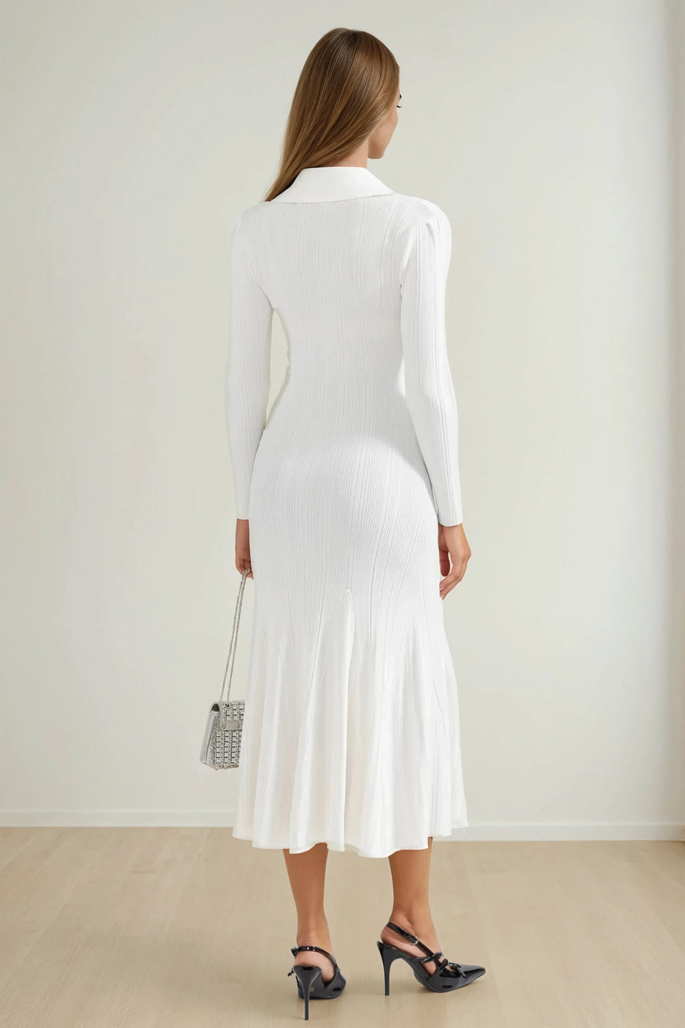 Ribbed Midi Dress with Flared Hem and Decorative Pockets - White