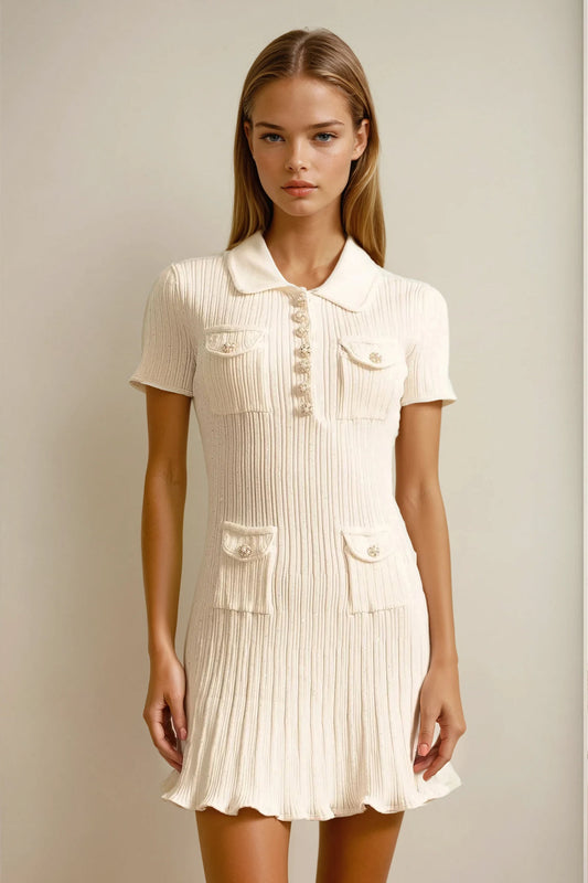 Short Sleeve Ribbed Mini Dress - White