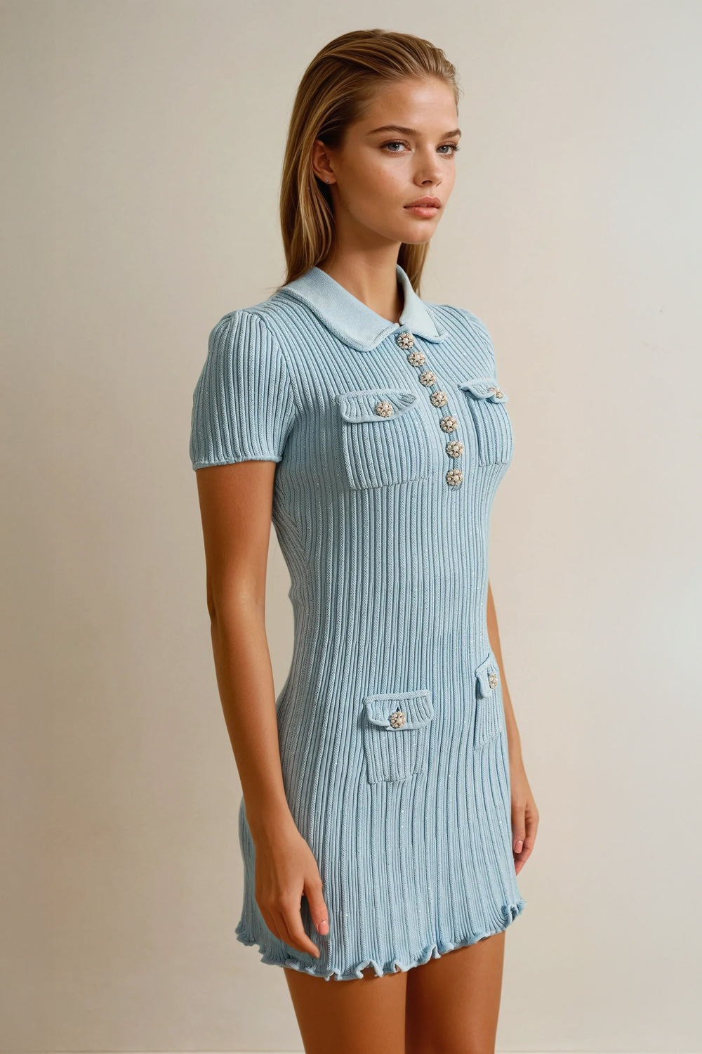 Short Sleeve Ribbed Mini Dress - Blue