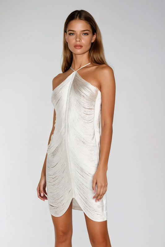 Metallic Fringe Halter Mini Dress - White