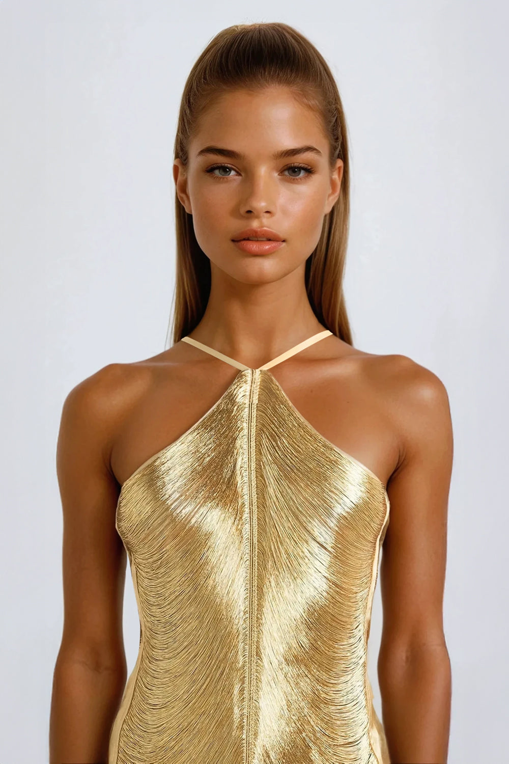 Metallic Fringe Halter Mini Dress - Gold