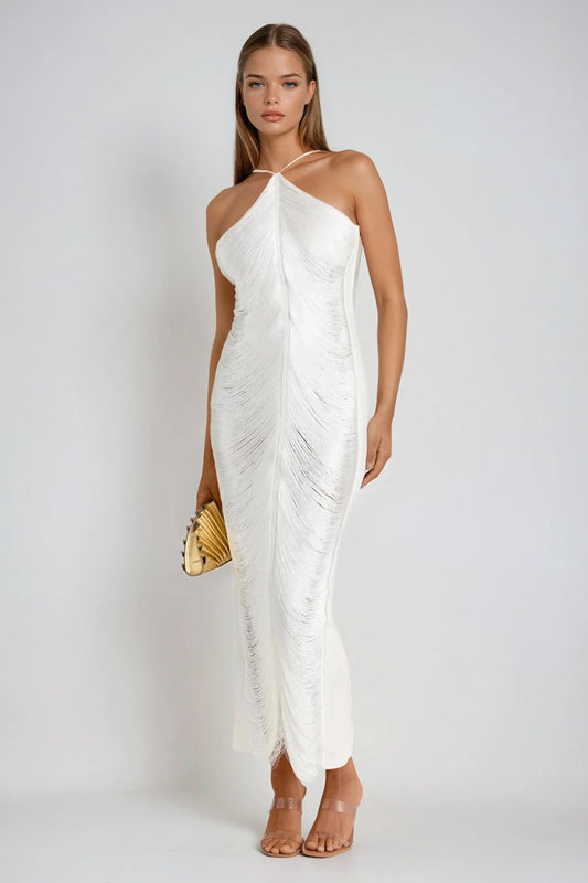 Fringe Halter Neck Midi Dress - White