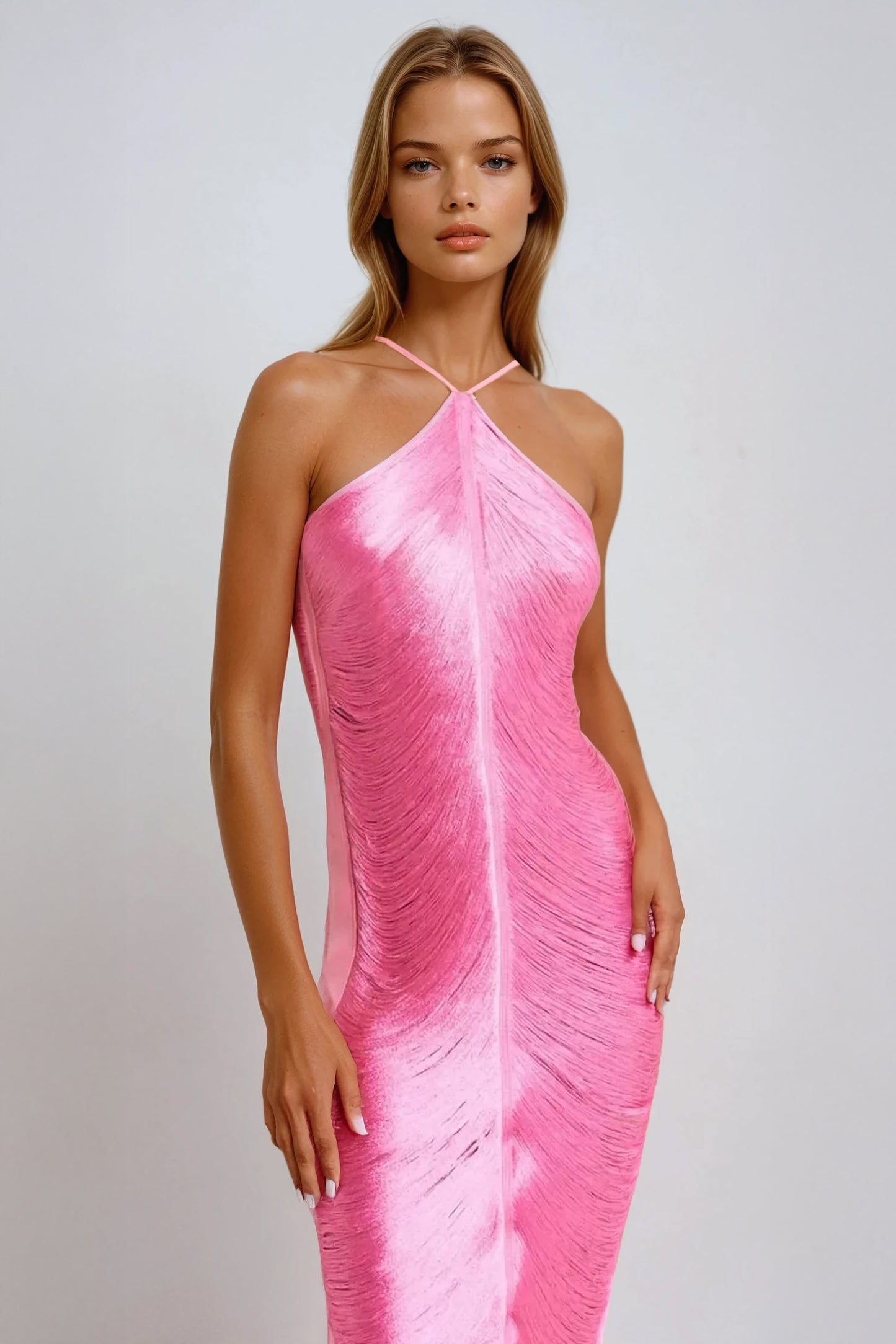 Fringe Halter Neck Midi Dress - Pink
