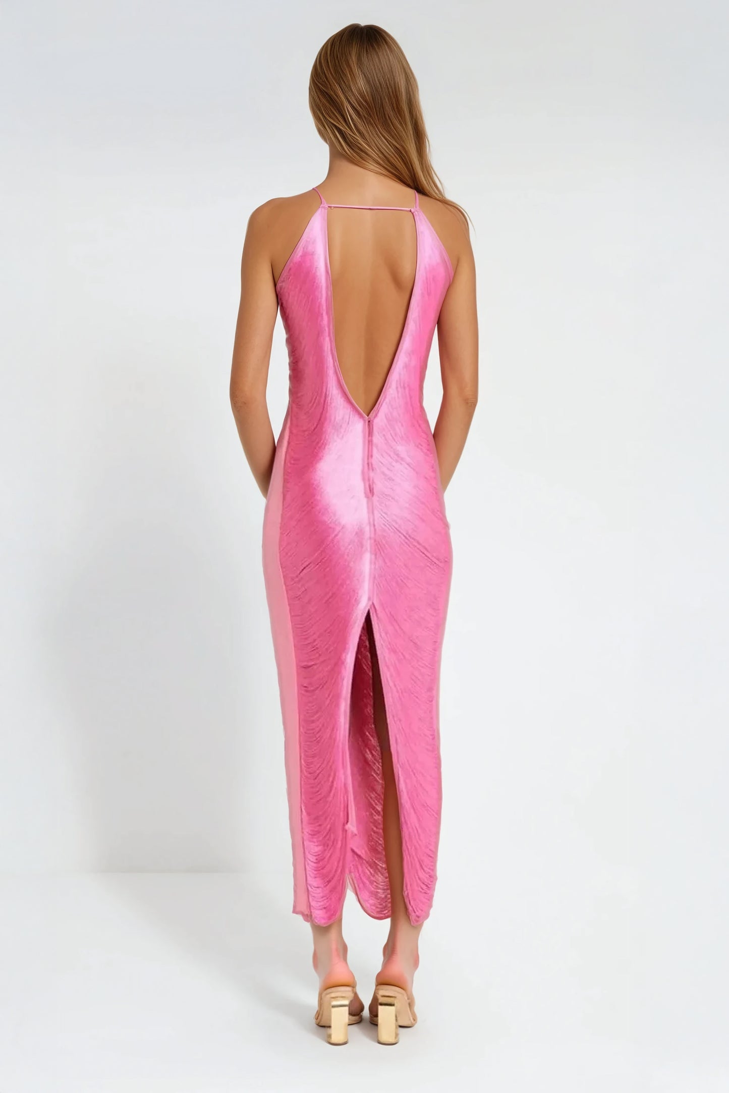 Fringe Halter Neck Midi Dress - Pink
