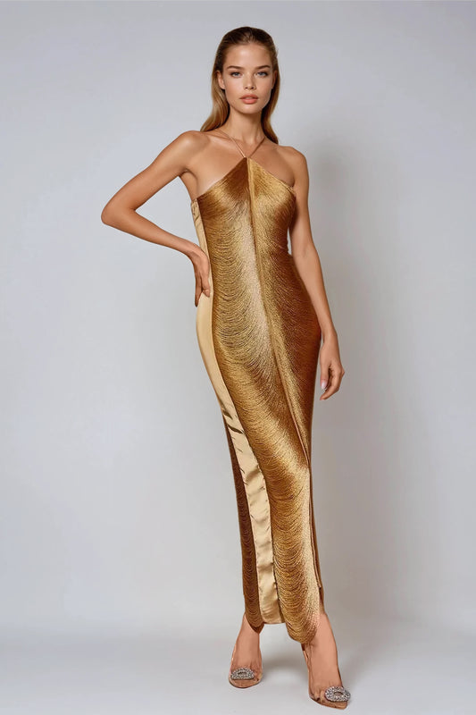 Fringe Halter Neck Midi Dress - Gold