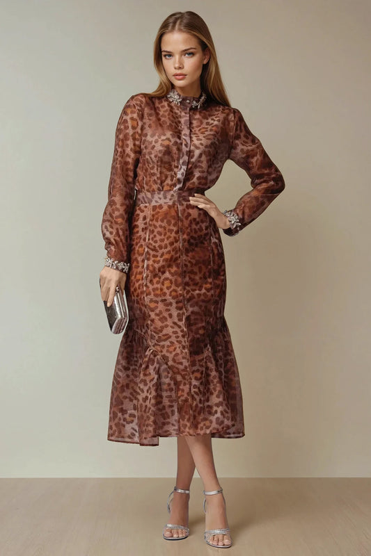 Long Sleeve Midi Dress with All-Over Print and Embellished Trim - Brown