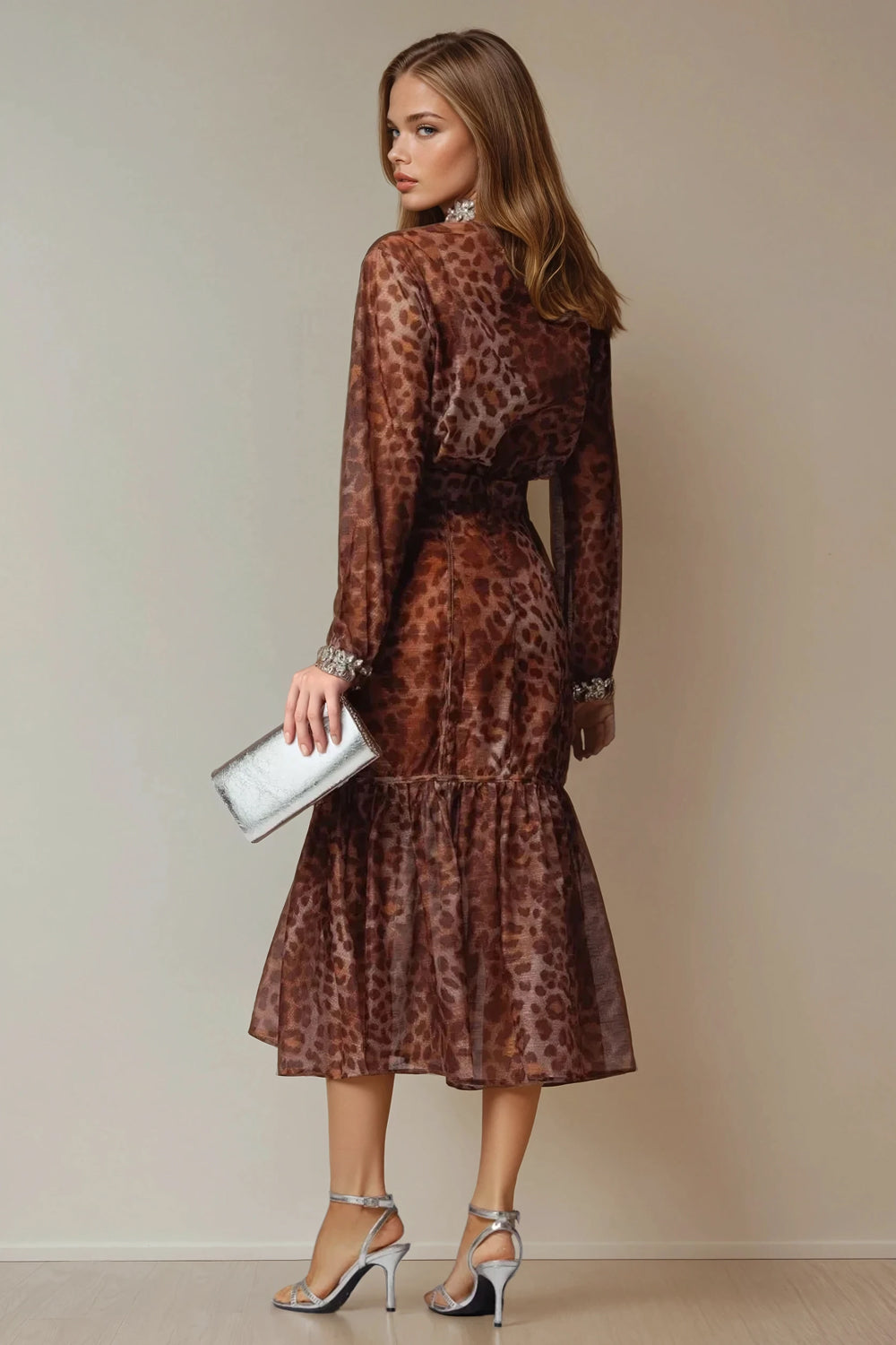 Long Sleeve Midi Dress with All-Over Print and Embellished Trim - Brown