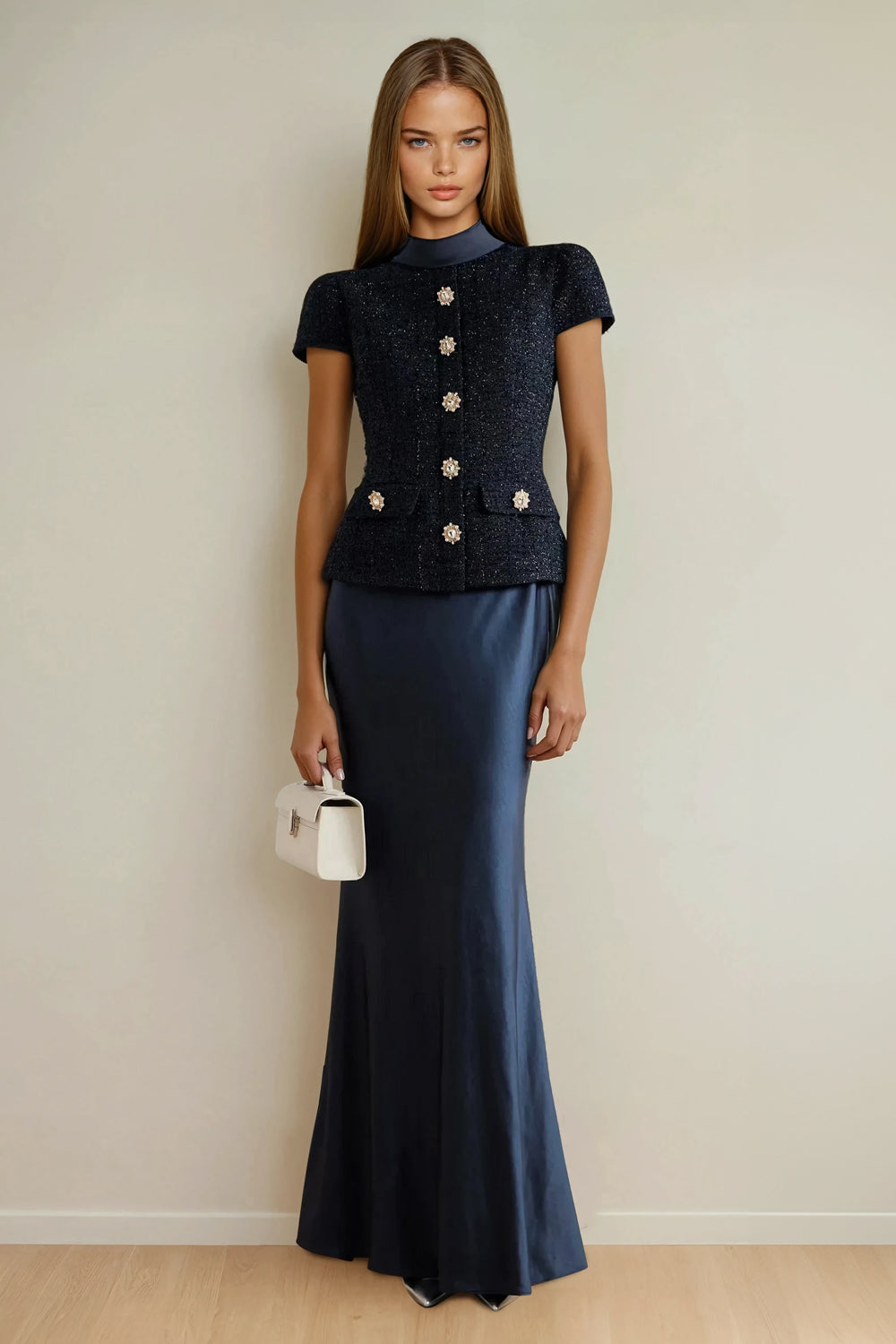Maxi Dress with Textured Top and Flared Skirt - Navy Blue