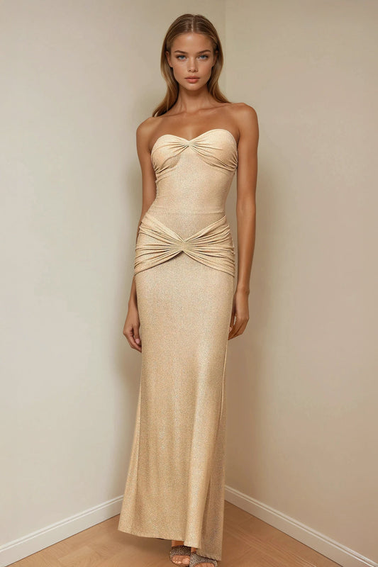 Strapless Ruched Maxi Dress with Choker Detail - Beige