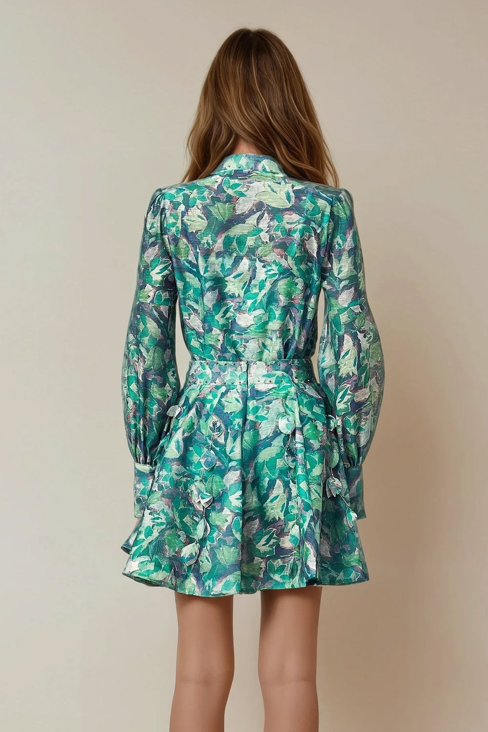 Two-Piece Set with Button-Up Top and Embellished Skirt - Green