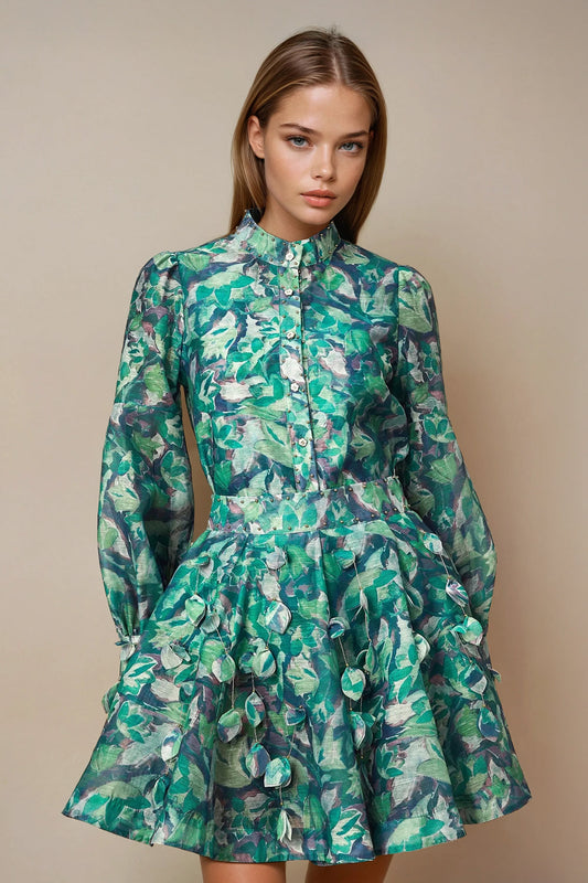 Two-Piece Set with Button-Up Top and Embellished Skirt - Green