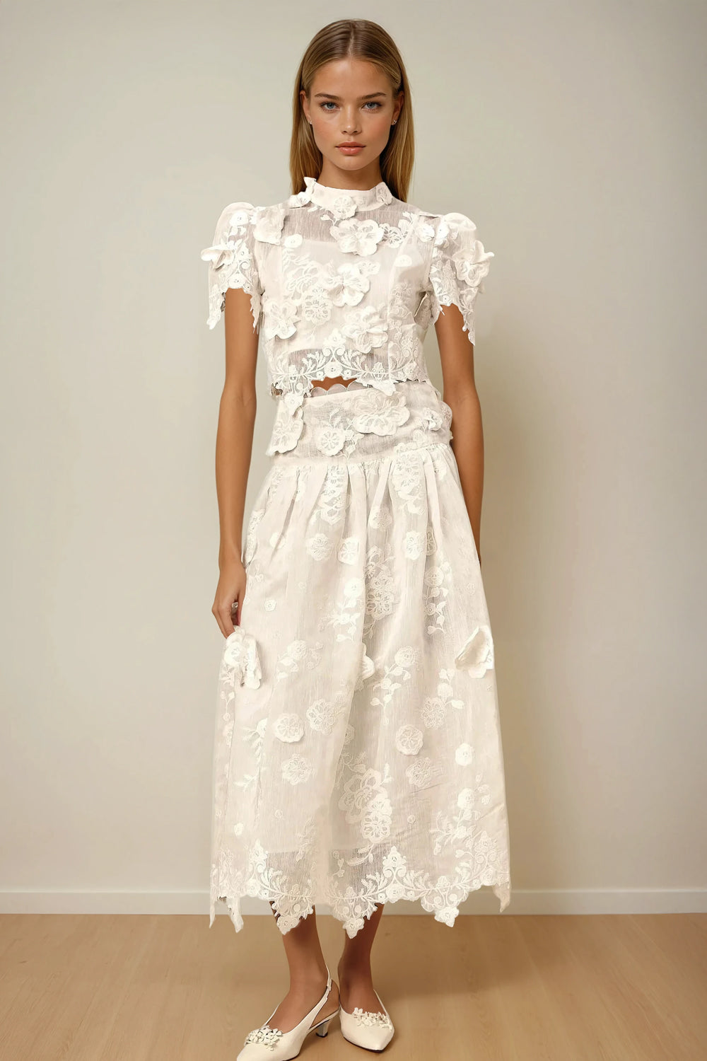 Two-Piece Set with Embroidered Short Sleeve Top and Full Midi Skirt - White
