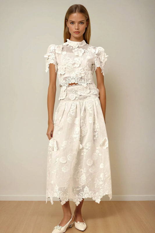 Two-Piece Set with Embroidered Short Sleeve Top and Full Midi Skirt - White