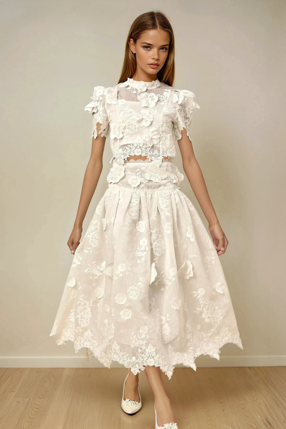 Two-Piece Set with Embroidered Short Sleeve Top and Full Midi Skirt - White