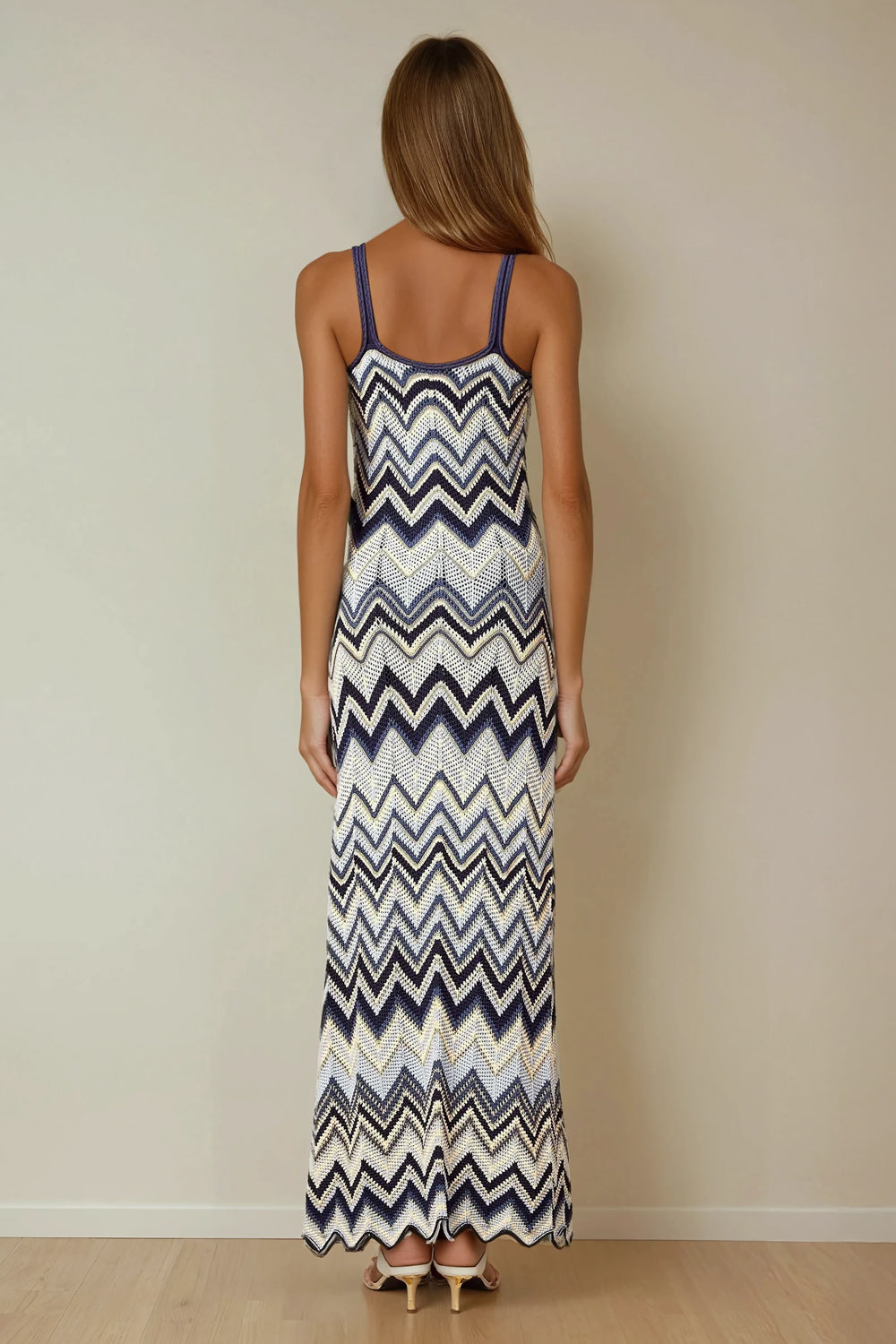 Zigzag Knit Strap Maxi Dress - Blue