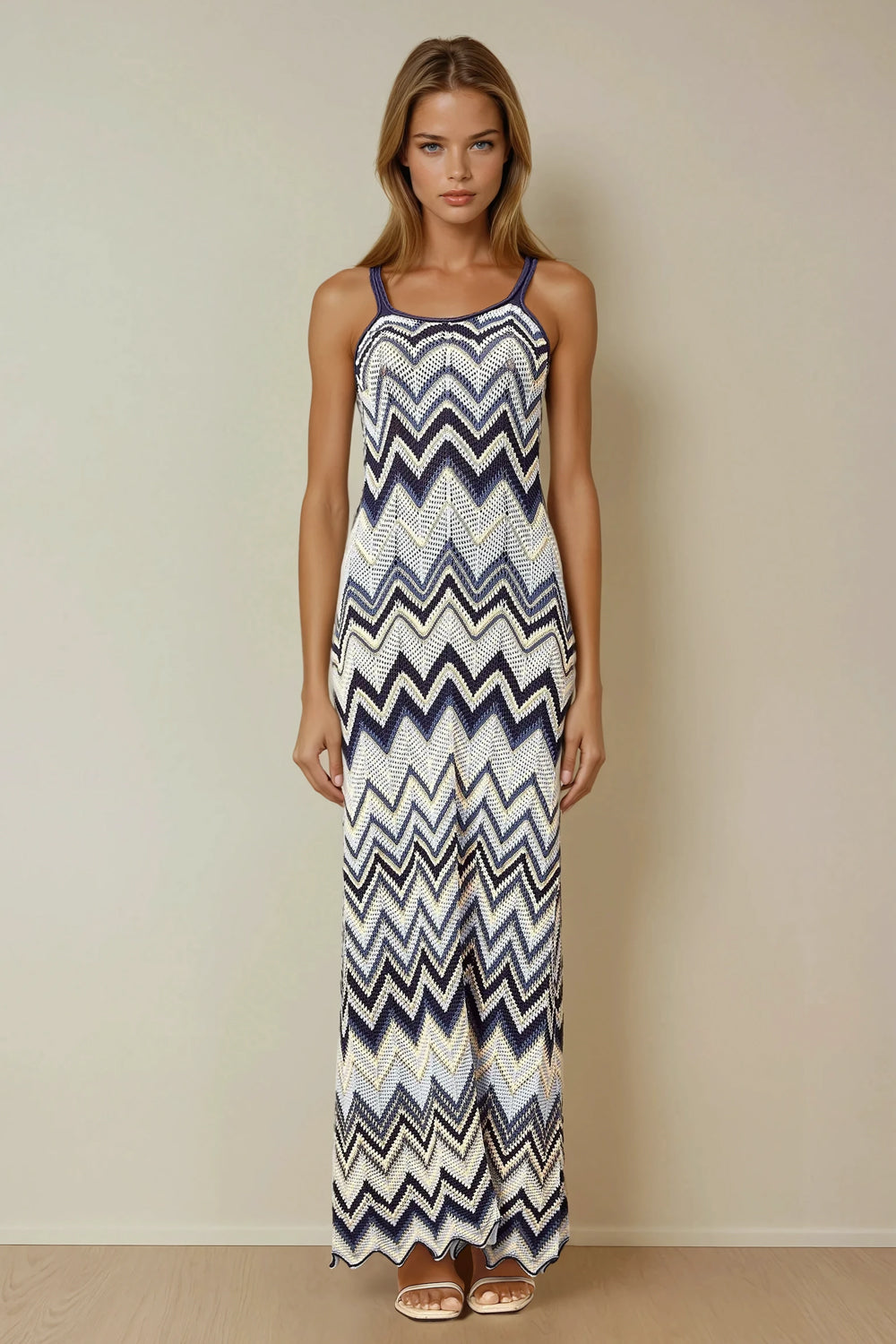 Zigzag Knit Strap Maxi Dress - Blue