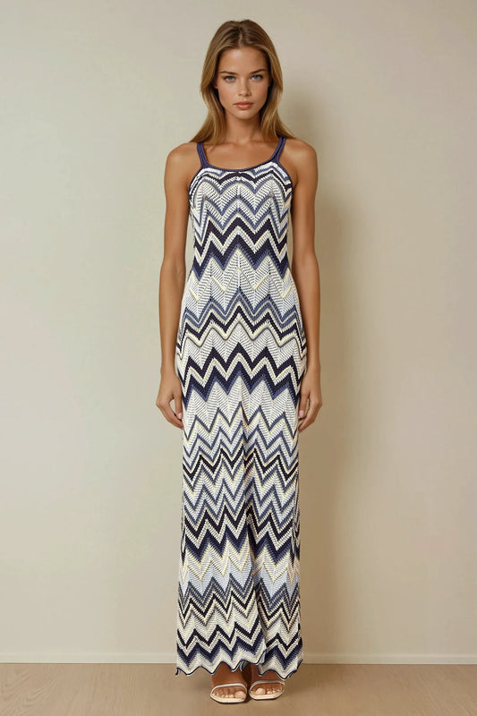 Zigzag Knit Strap Maxi Dress - Blue