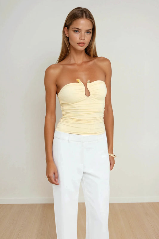 Strapless Ruched Fitted Top with U-Shaped Cutout - Yellow