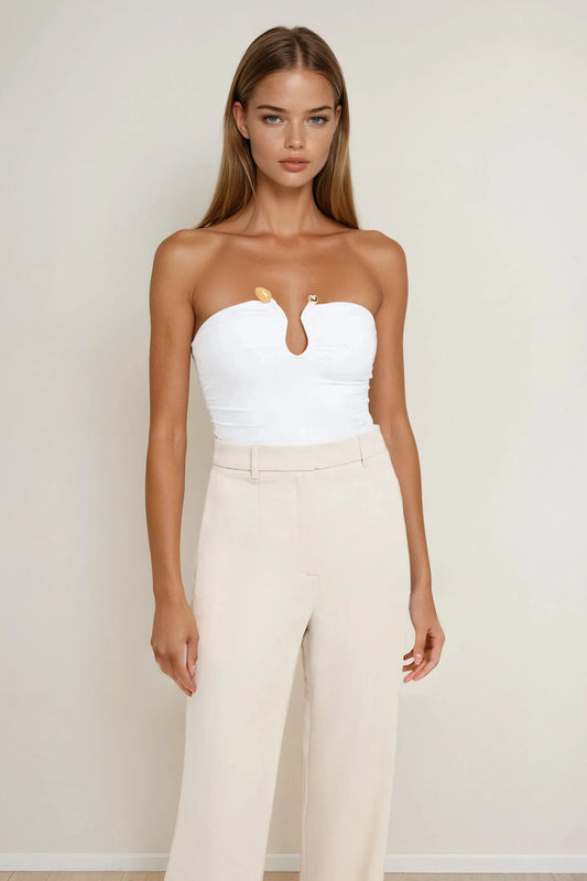Strapless Ruched Fitted Top with U-Shaped Cutout - White