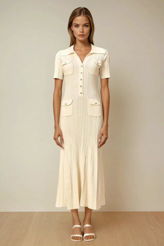 Short Sleeve Ribbed Maxi Dress with Decorative Pockets and Flared Hem - White