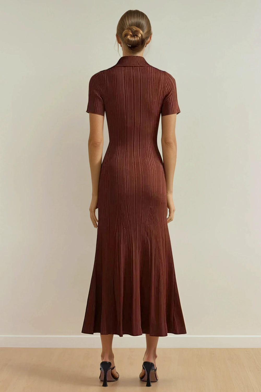 Short Sleeve Ribbed Midi Dress with Button Front and Patch Pockets - Brown