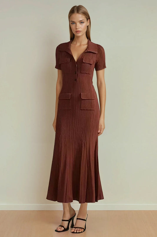 Short Sleeve Ribbed Midi Dress with Button Front and Patch Pockets - Brown