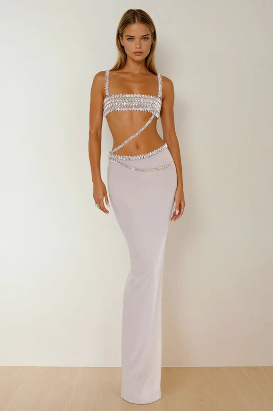 Two-Piece Set with Structured Crop Top and Wrap Effect Maxi Skirt - White