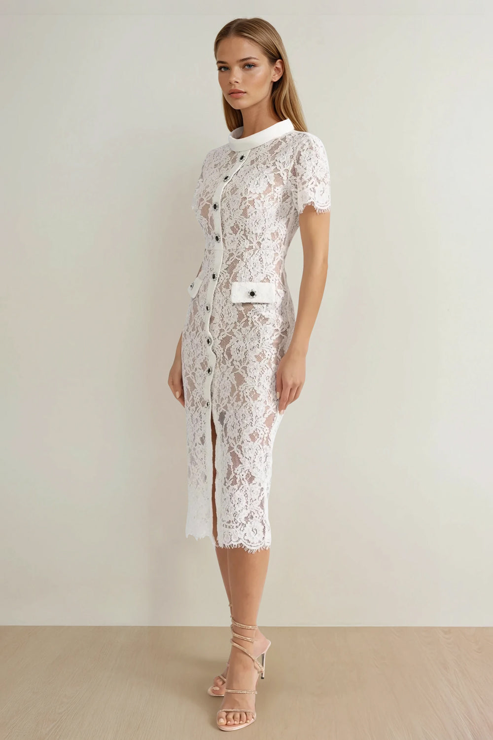 Lace Button-Front Midi Dress with Collar and Belt - White