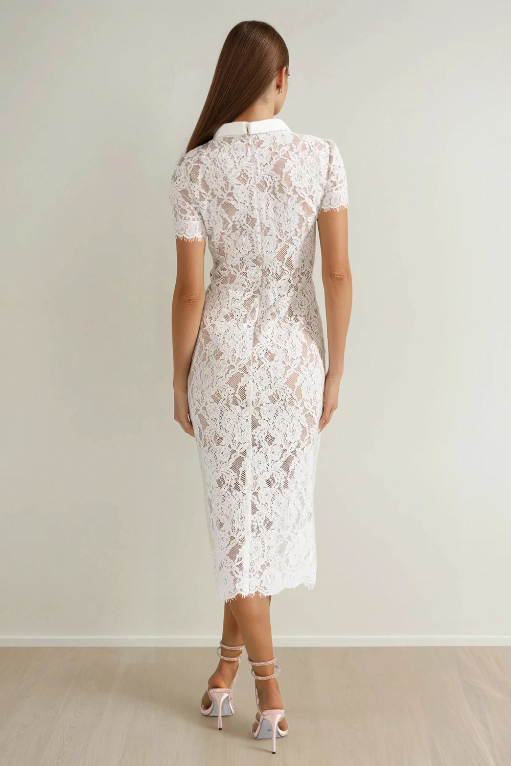 Lace Button-Front Midi Dress with Collar and Belt - White
