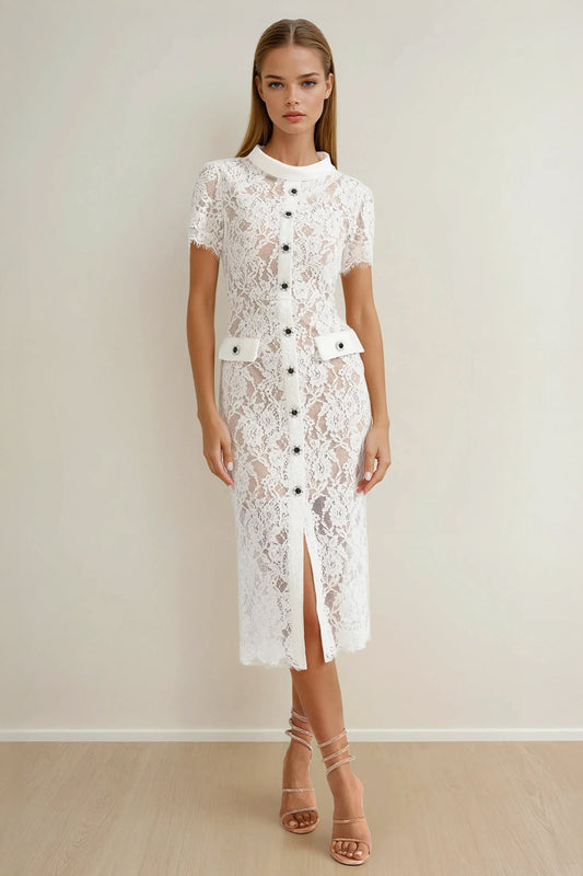 Lace Button-Front Midi Dress with Collar and Belt - White