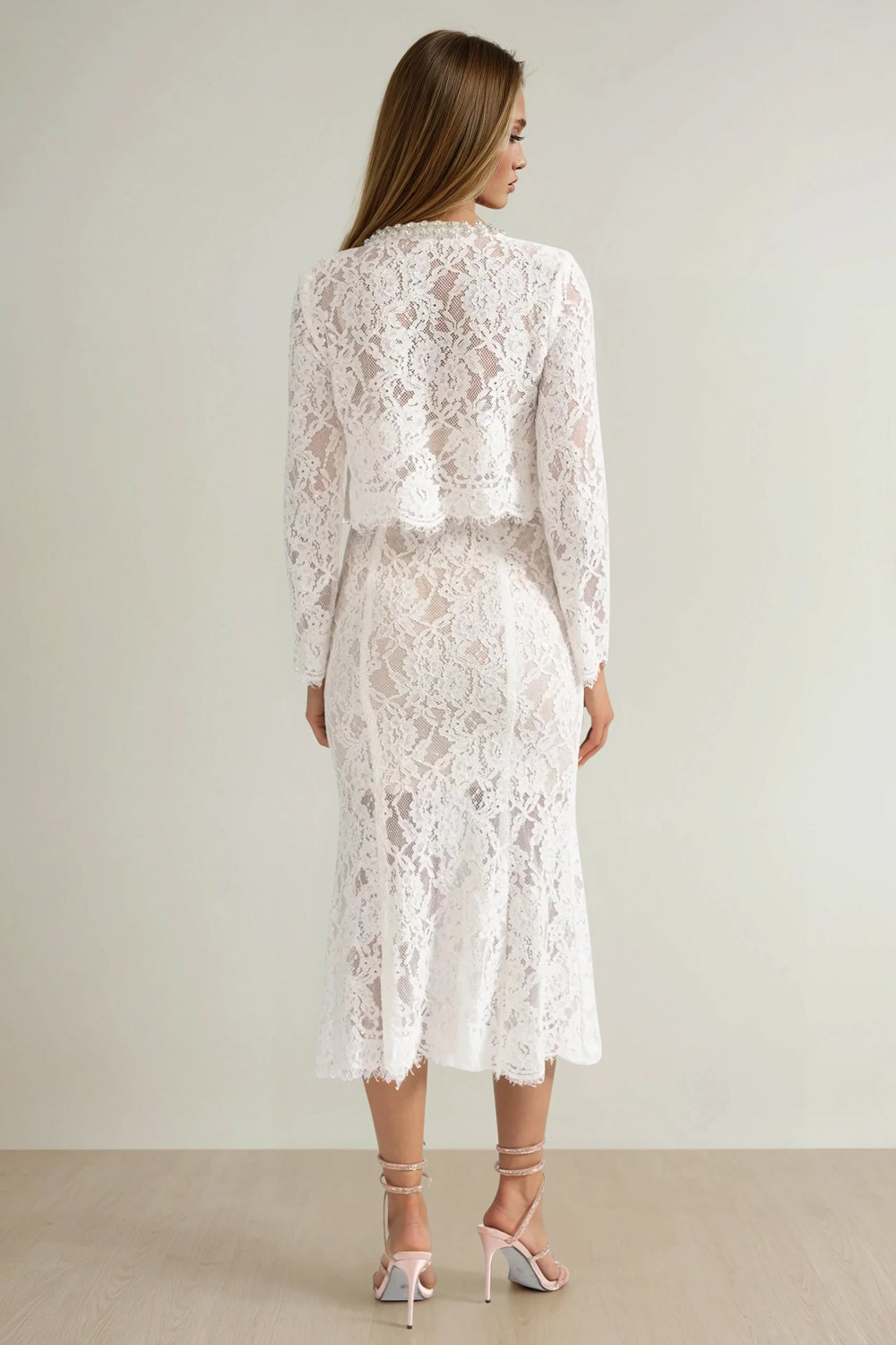 Two-Piece Set with Lace Long Sleeve Top and Midi Skirt - White
