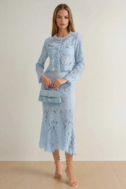 Two-Piece Set with Lace Long Sleeve Top and Midi Skirt - Blue