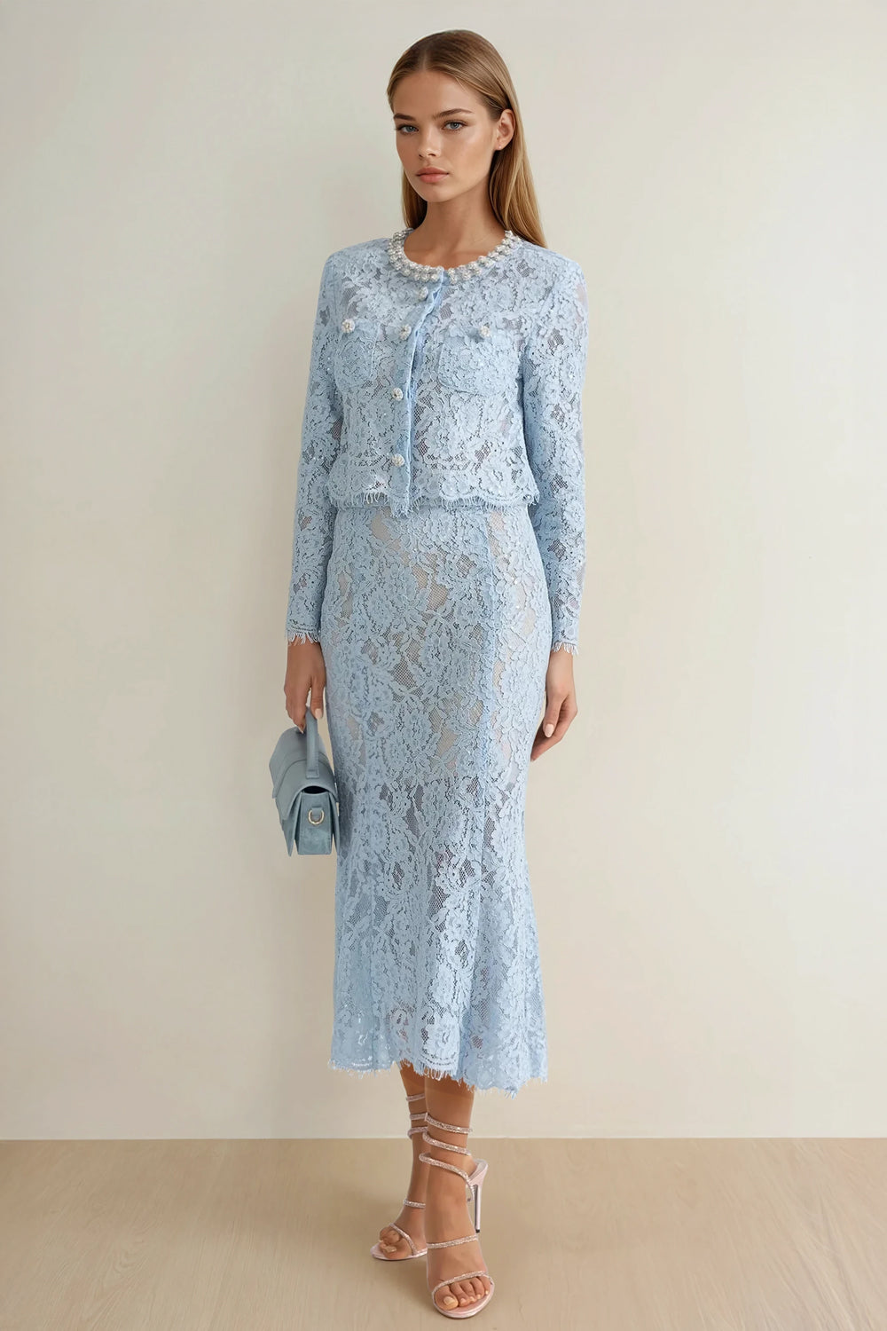 Two-Piece Set with Lace Long Sleeve Top and Midi Skirt - Blue