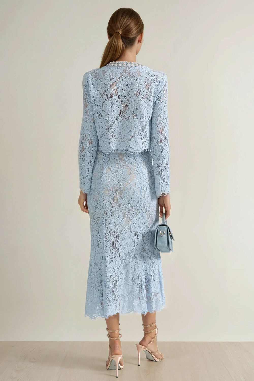 Two-Piece Set with Lace Long Sleeve Top and Midi Skirt - Blue