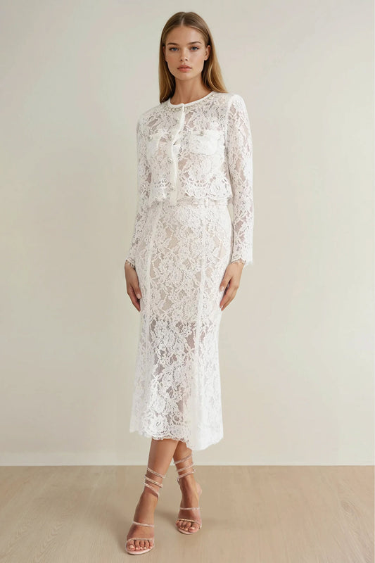 Two-Piece Set with Lace Long Sleeve Top and Midi Skirt - White
