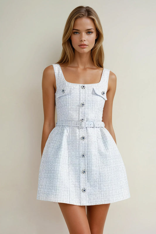 Sleeveless Button Detail Mini Dress - Blue