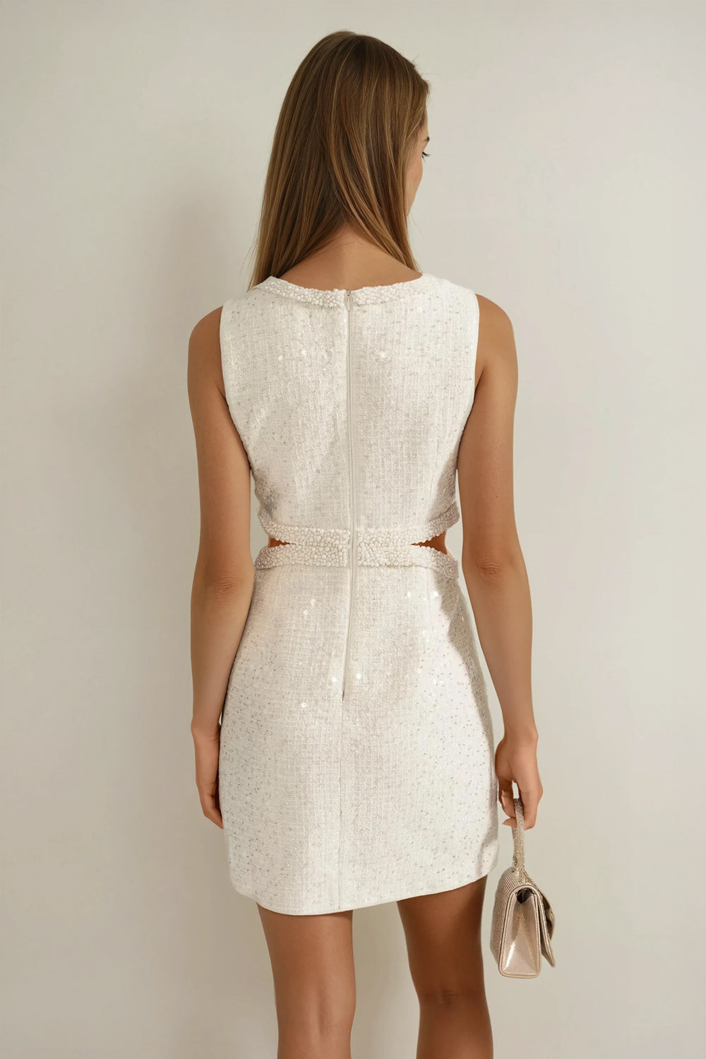 Sleeveless Mini Dress with Beaded Trim and Cutout Waist - White