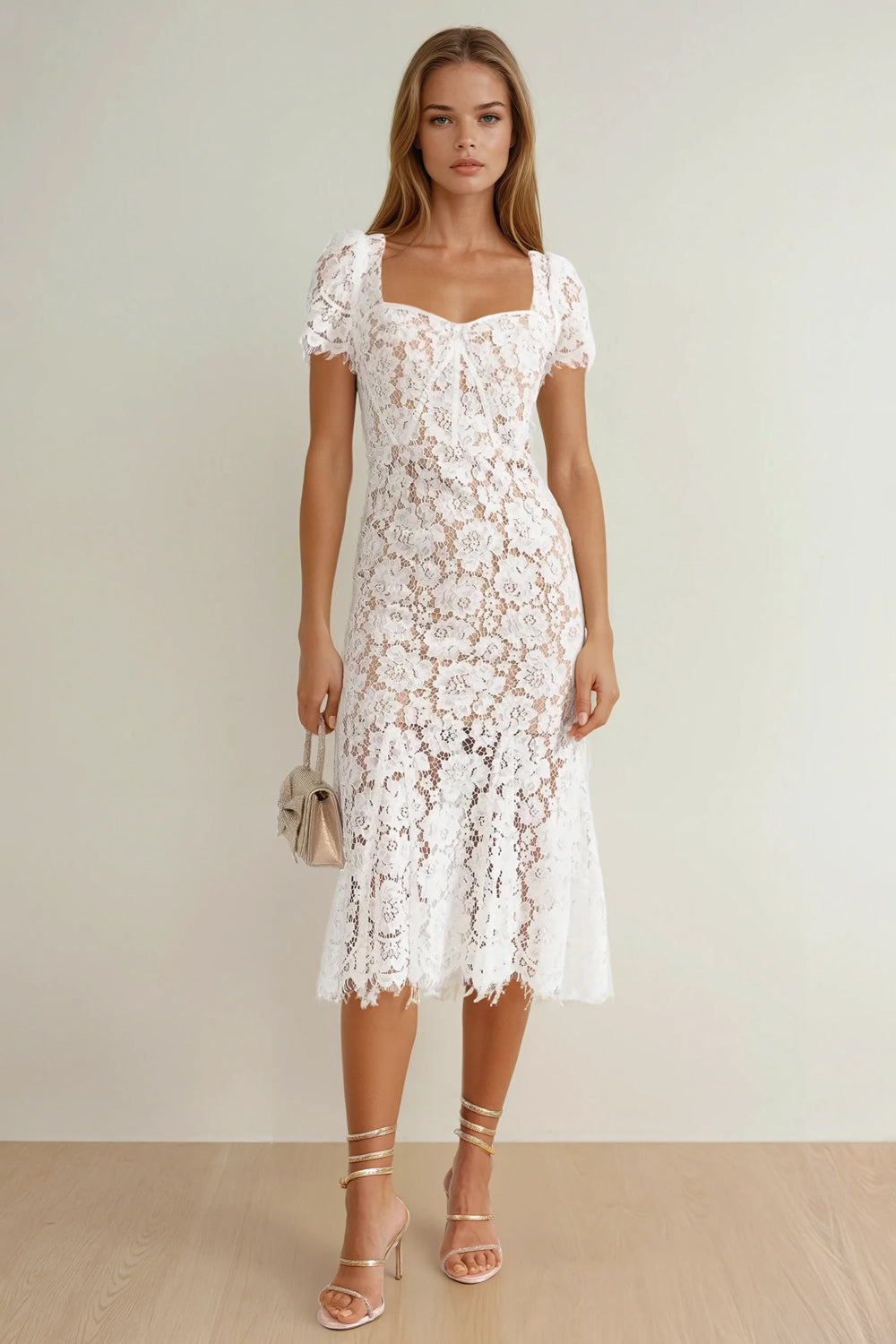 Lace Midi Dress with Fitted Bodice and Cap Sleeves - White