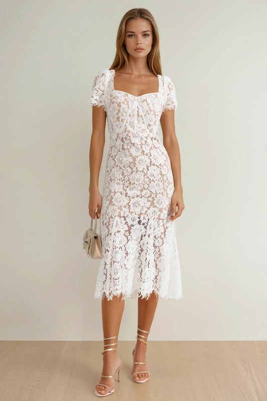 Lace Midi Dress with Fitted Bodice and Cap Sleeves - White