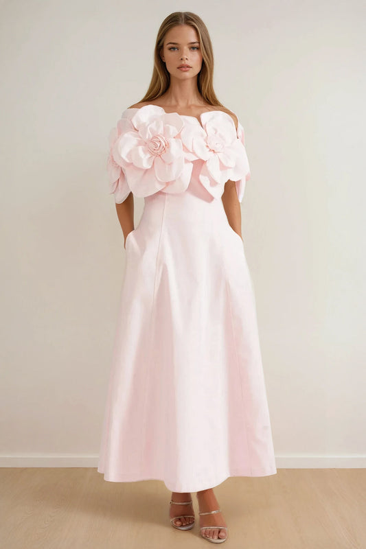 Off-Shoulder Midi Dress with Oversized Floral Sleeves - Pink