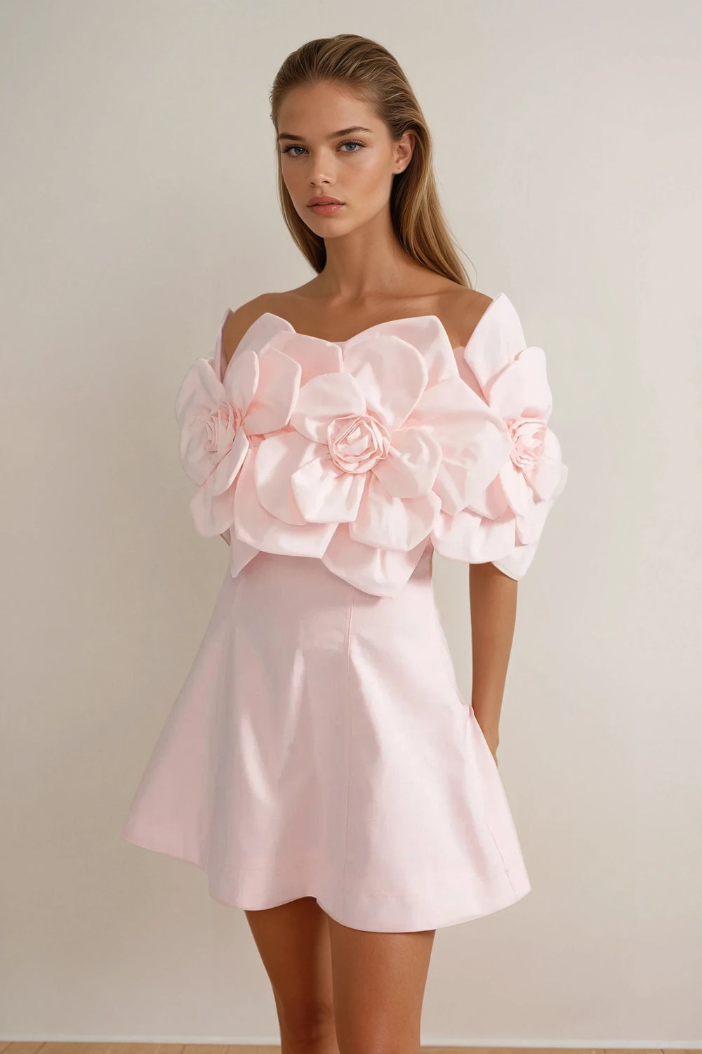 Mini Dress with 3D Floral Off-Shoulder Sleeves - Pink