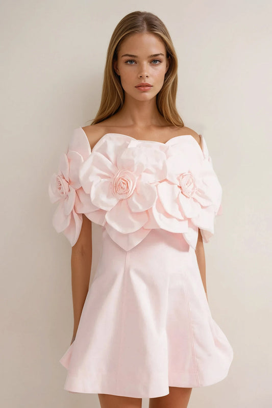 Mini Dress with 3D Floral Off-Shoulder Sleeves - Pink