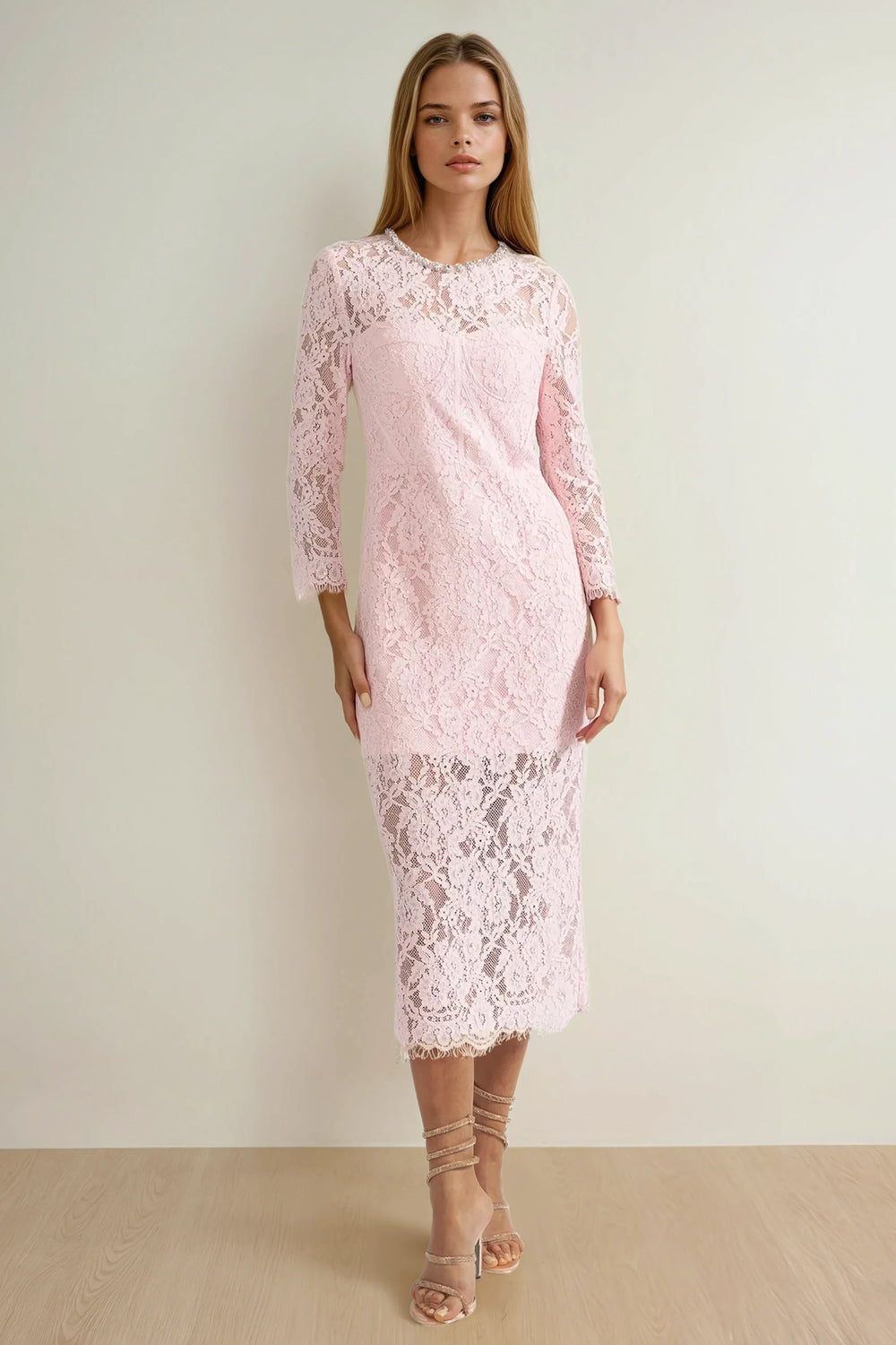 Long Sleeve Lace Midi Dress with Sheer Hem and Waist Belt - Pink