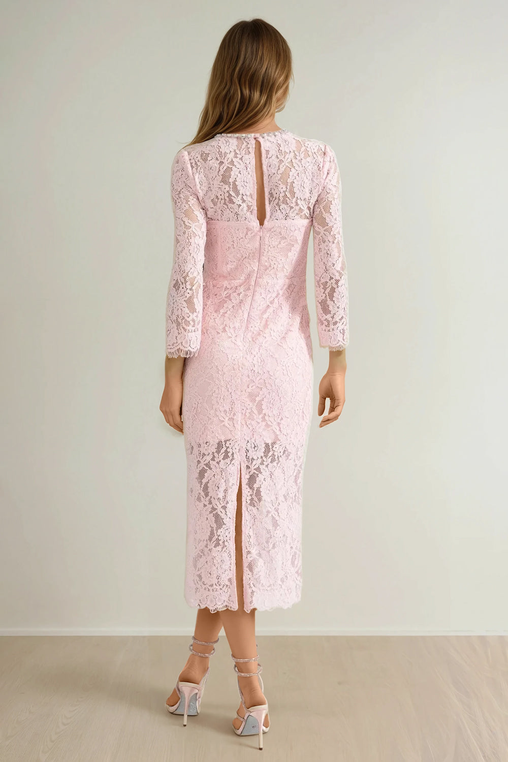 Long Sleeve Lace Midi Dress with Sheer Hem and Waist Belt - Pink