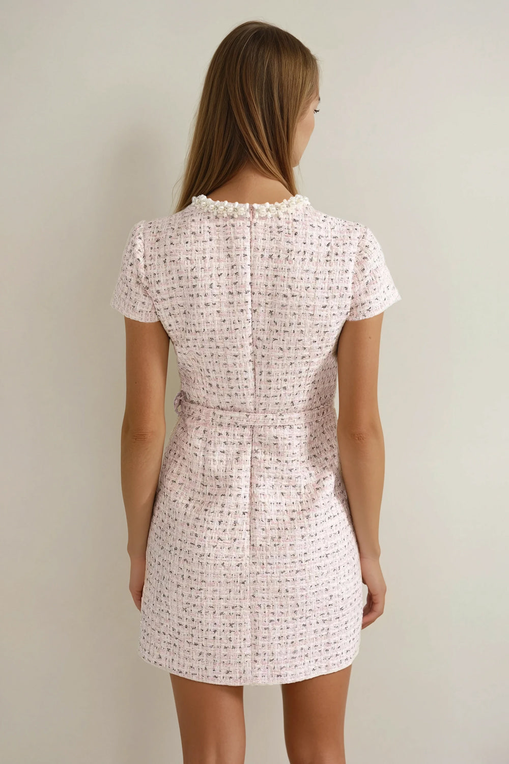 Mini Dress with Pearl Trim and Embellished Buttons - Pink